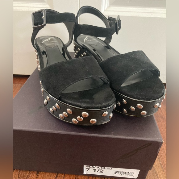 Brian Atwood platform black suede studded sandals- B-Frankie size 7.5 - Picture 1 of 5